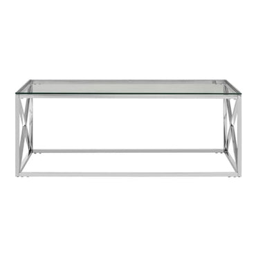 Alluras Clear Glass Coffee Table with Silver Stainless Steel Frame for Modern Living Rooms