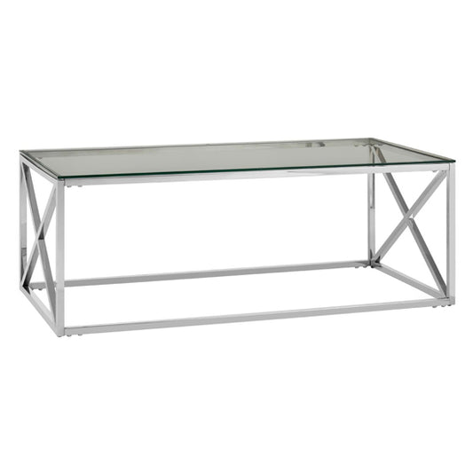 Alluras Clear Glass Coffee Table with Silver Stainless Steel Frame for Modern Living Rooms