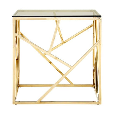 Modern Clear Glass Side Table with Champagne Gold Metal Frame