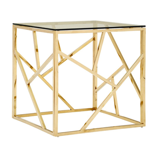 Modern Clear Glass Side Table with Champagne Gold Metal Frame