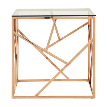 Alluras Rose Gold Frame Glass End Table - Modern Side Table with Unique Angular Design