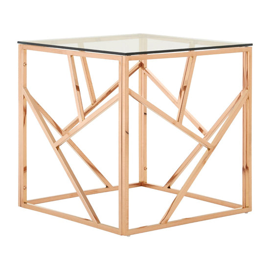 Alluras Rose Gold Frame Glass End Table - Modern Side Table with Unique Angular Design