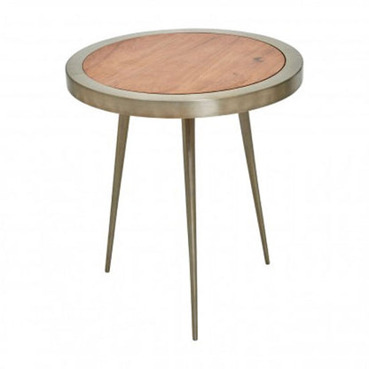 Acacia Wood Round Side Table with Gold Aluminium Frame for Modern Living Spaces