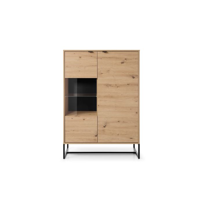 FURCO Watford Natural Oak Cabinet with Display Shelves and Steel Legs - 93cm