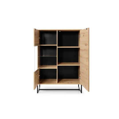 FURCO Watford Natural Oak Cabinet with Display Shelves and Steel Legs - 93cm