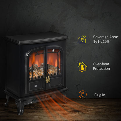 HOMCOM lectric Fireplace Stove Heater with LED Fire Flame Effect, Double Door, Freestanding & Portable with Overheat Protection, 1000W/2000W, Black