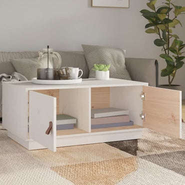 FURCO White Pinewood Coffee Table with Storage Doors for Living Room