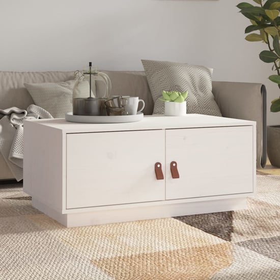 FURCO White Pinewood Coffee Table with Storage Doors for Living Room