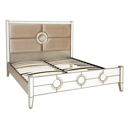 Antibes Antique Silver King Size Bed Frame with Mirrored Glass and Upholstered Headboard