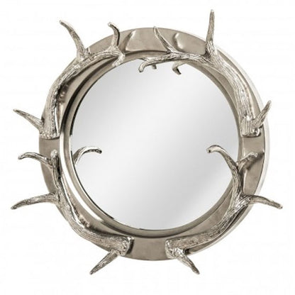 Antler-Inspired Round Wall Mirror with Nickel Frame for Bedroom and Living Room