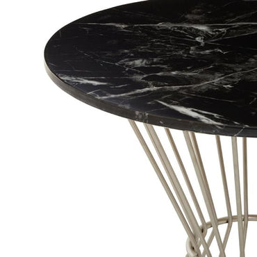 FURCO Hourglass Round Black Marble Dining Table with Silver Metal Base