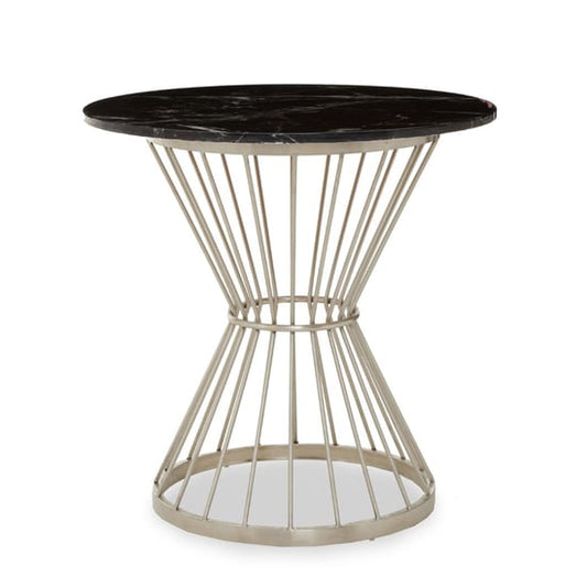 FURCO Hourglass Round Black Marble Dining Table with Silver Metal Base