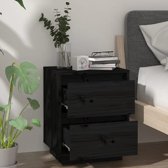 Aoife Pine Wood Bedside Cabinet With 2 Drawers In Black