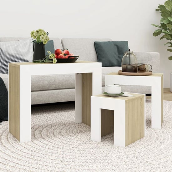 FURCO Aolani Nesting Tables Set of 3 in White and Sonoma Oak - Versatile Living Room Furniture