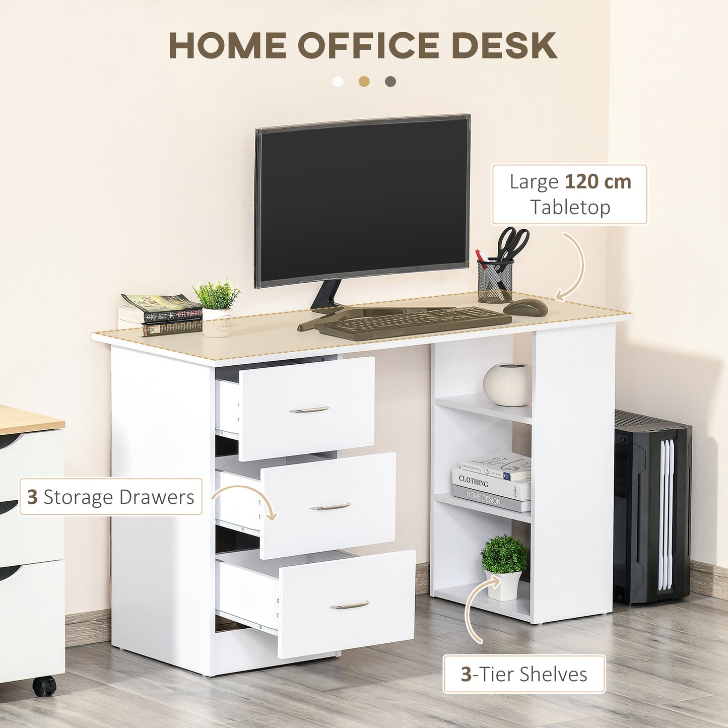 HOMCOM omputer Desk, Writing Table, PC Workstation with 3 Storage Shelves and Drawers, Silver Handle, for Home Office, White