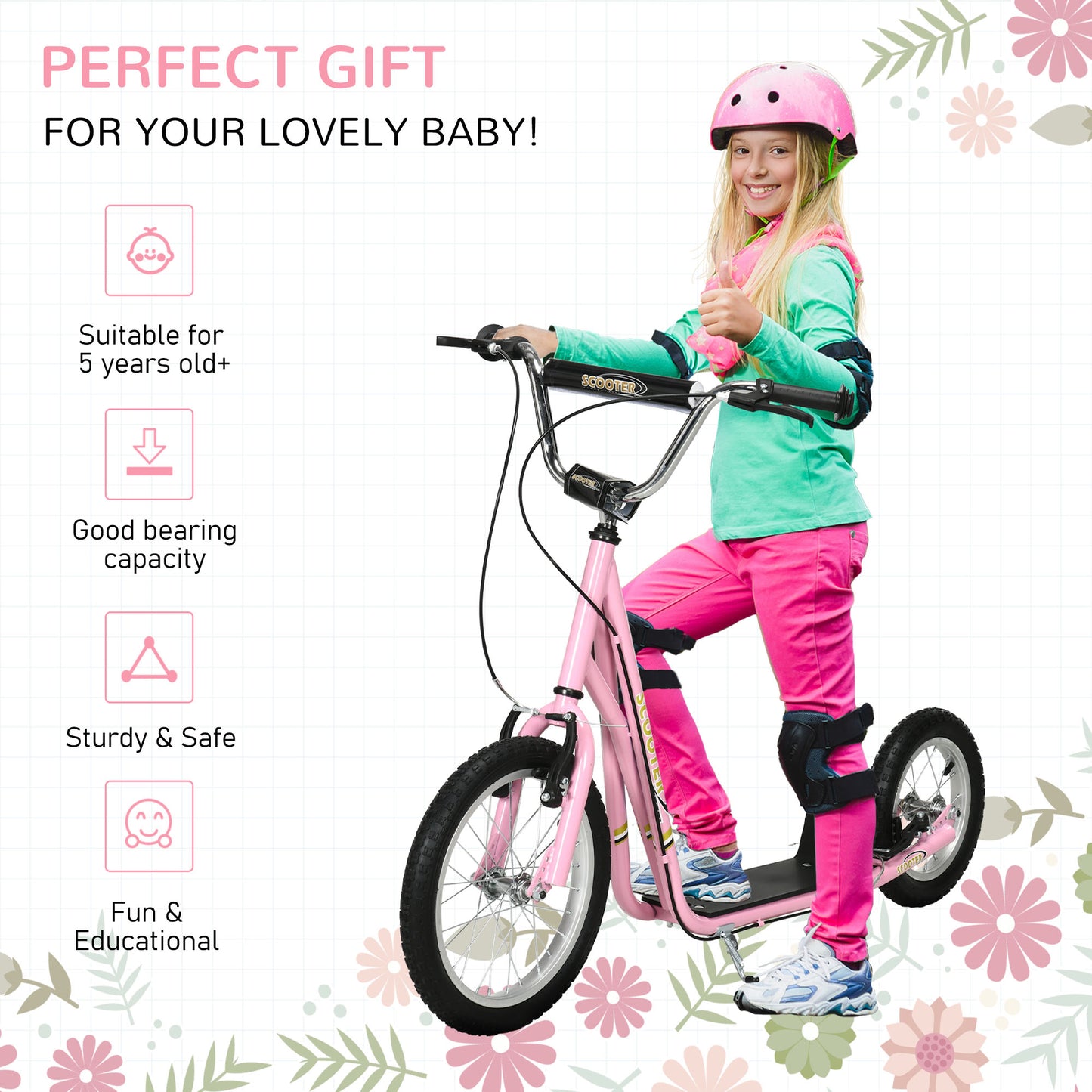 HOMCOM een Stunt Scooter Push Kick Scooters for Kids with Rubber Wheels Adjustable Handlebar Front Rear Dual Brakes Kickstand, for 5+ Years, Pink