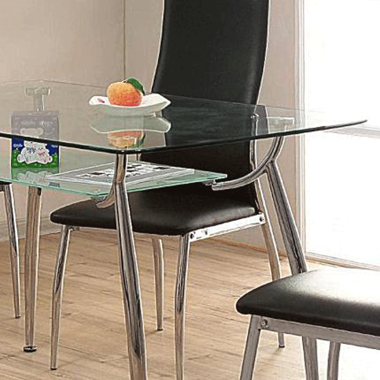 Marlow Glass Top Dining Table with Steel Frame and Wide Glass Shelf - Contemporary Elegance in Clear