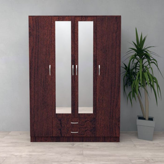 Spacious 4 Door Mirrored Wardrobe with Drawers in Dark Cherry Finish