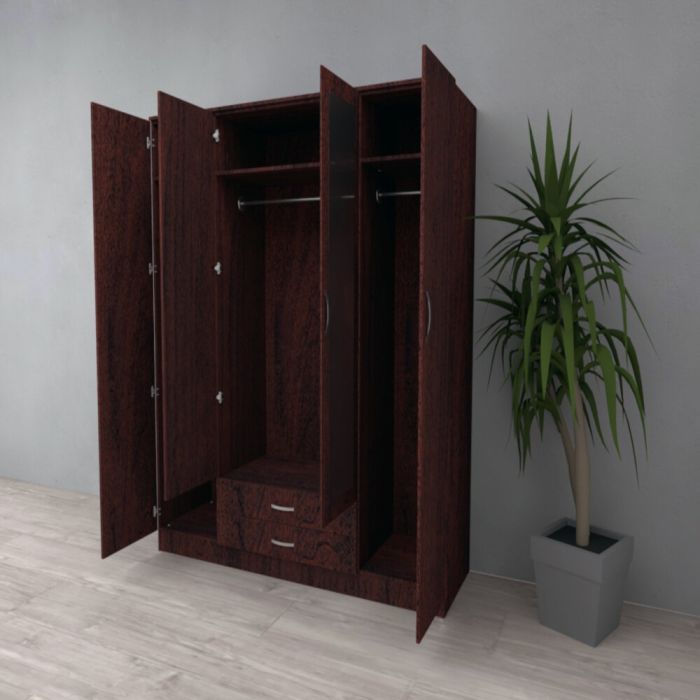 Spacious 4 Door Mirrored Wardrobe with Drawers in Dark Cherry Finish