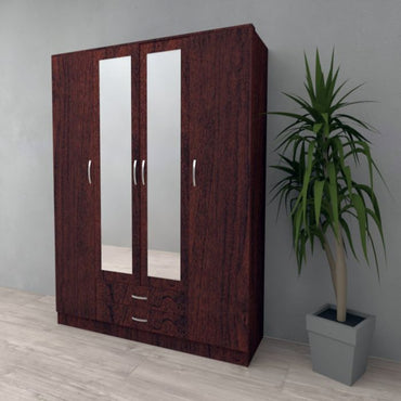 Spacious 4 Door Mirrored Wardrobe with Drawers in Dark Cherry Finish