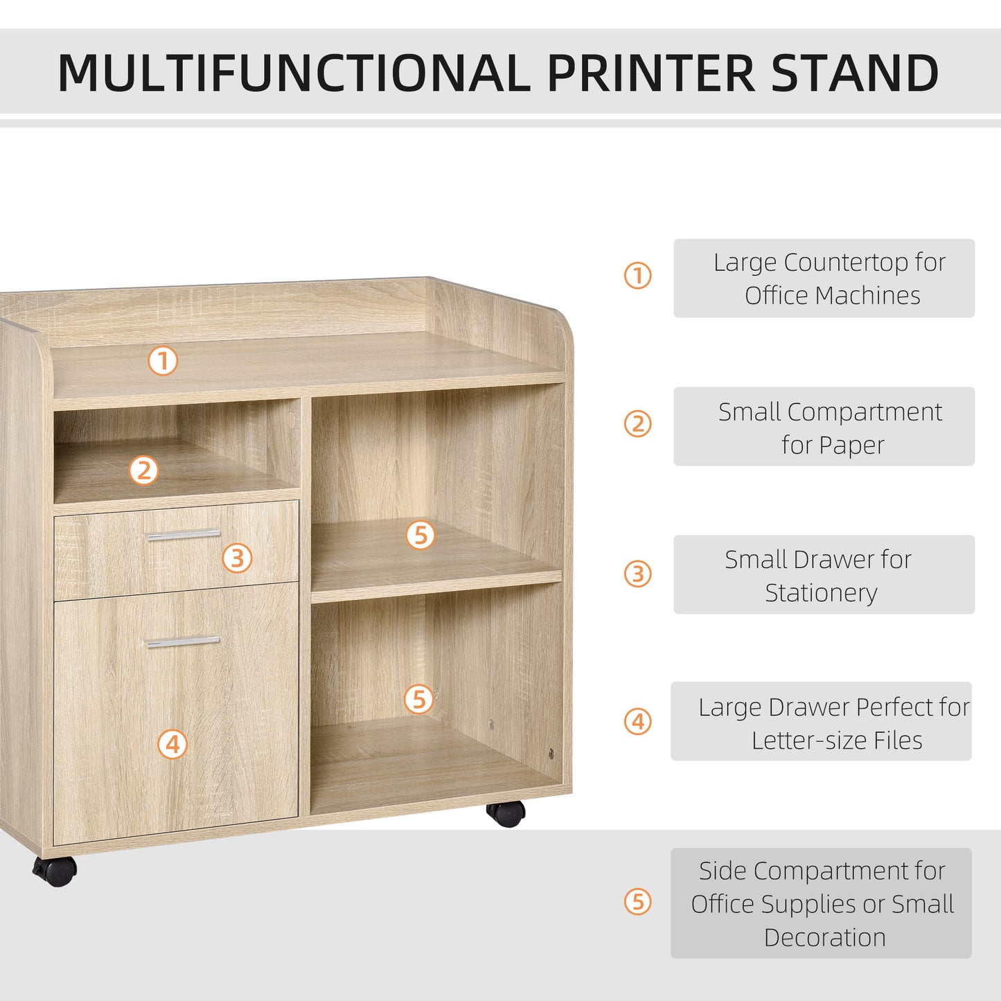 Vinsetto Multipurpose Filing Cabinet, Printer Stand with 2 Drawers, Open Adjustable Storage Shelves for Home Office, Living Room, File Cabinet with Hanging Bar for A4, Letter Size, Oak