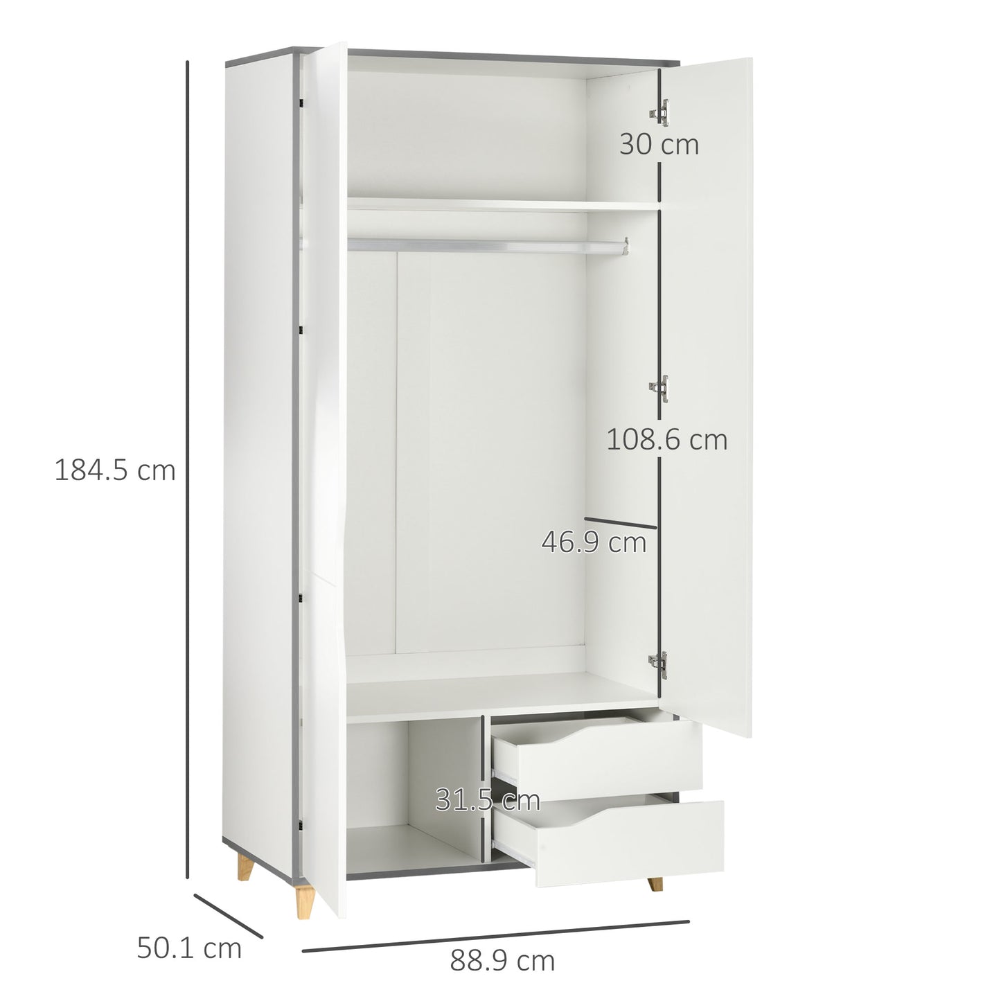 HOMCOM ardrobe with 2 Doors, 2 Drawers, Hanging Rail, Shelves for Bedroom Clothes Storage Organiser, 89x50x185cm, White