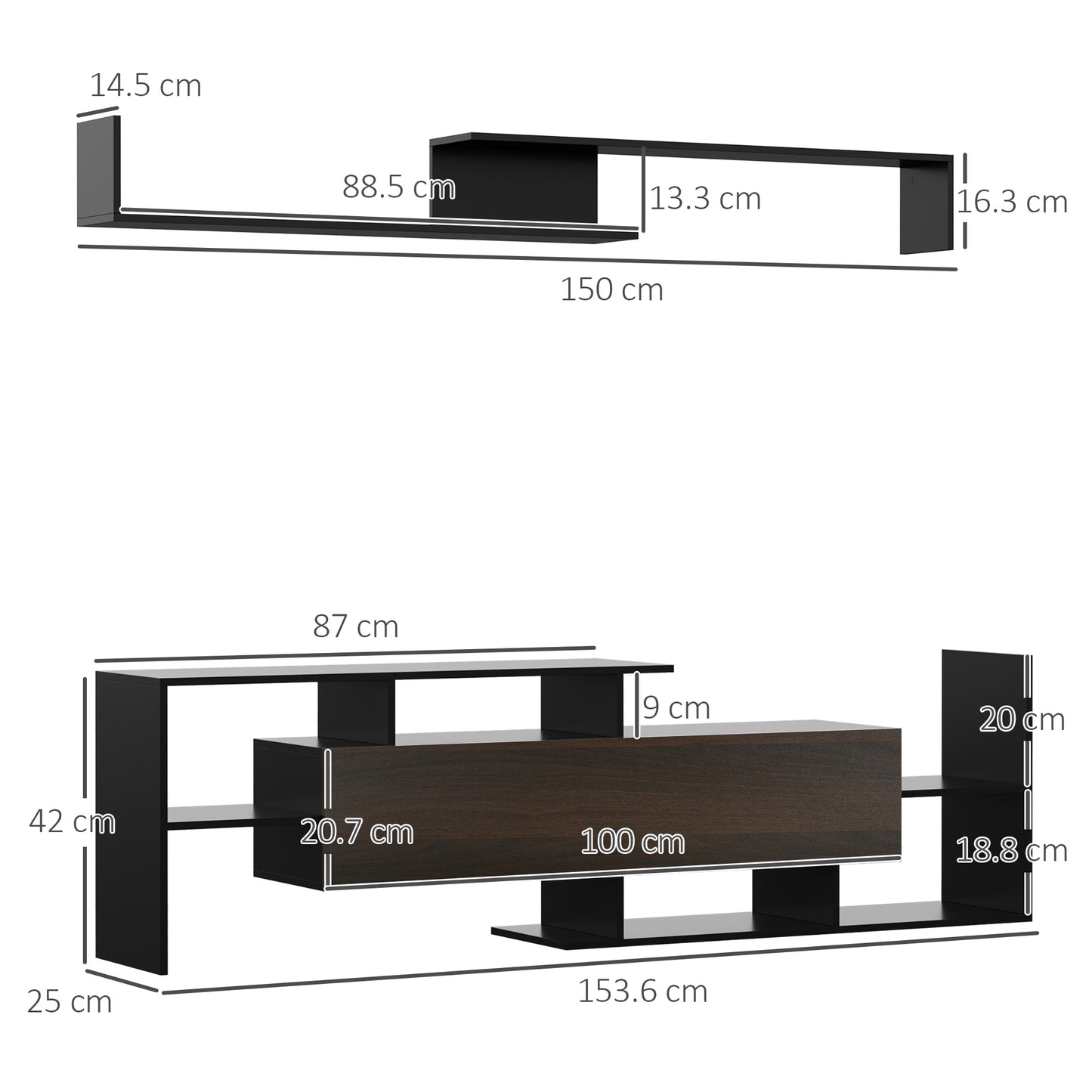 HOMCOM odern TV Cabinet with Wall Shelf, TV Unit with Storage Shelf and Cabinet, for Wall-Mounted 65" TVs or Standing 40" TVs, Black and Dark Brown