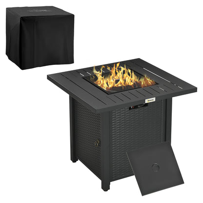 Outsunny Rattan-style Propane Gas Fire Pit Table with 40,000 BTU Burner, Square Smokeless Firepit Patio Heater with Thermocouple, Lava Rocks, Waterproof Cover, Spark Guard, and Lid