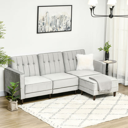 HOMCOM L Shape Sofabed with 3-Seater Sofa and Footstool, Corner Sofa Bed with Ottoman, Light Grey Velvet Fabric