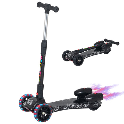 HOMCOM ids 3 Wheel Plastic Scooter Adjustable Height w/ Engine-Look Water Spray Black