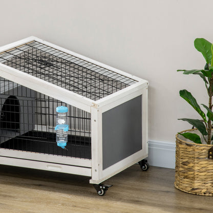 PawHut Rabbit Hutch, Wheeled Rabbit Cage w/ Water Bottle, Plastic Slide-Out Tray - Grey