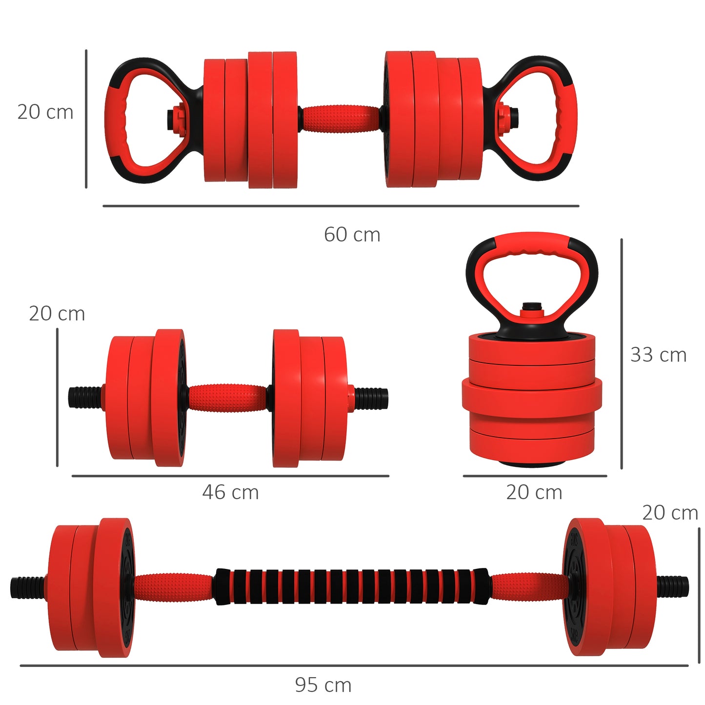 SPORTNOW 20kg Four-In-One Adjustable Weight Dumbbells Set, Barbell, Kettlebell, Push Up Stand - Red