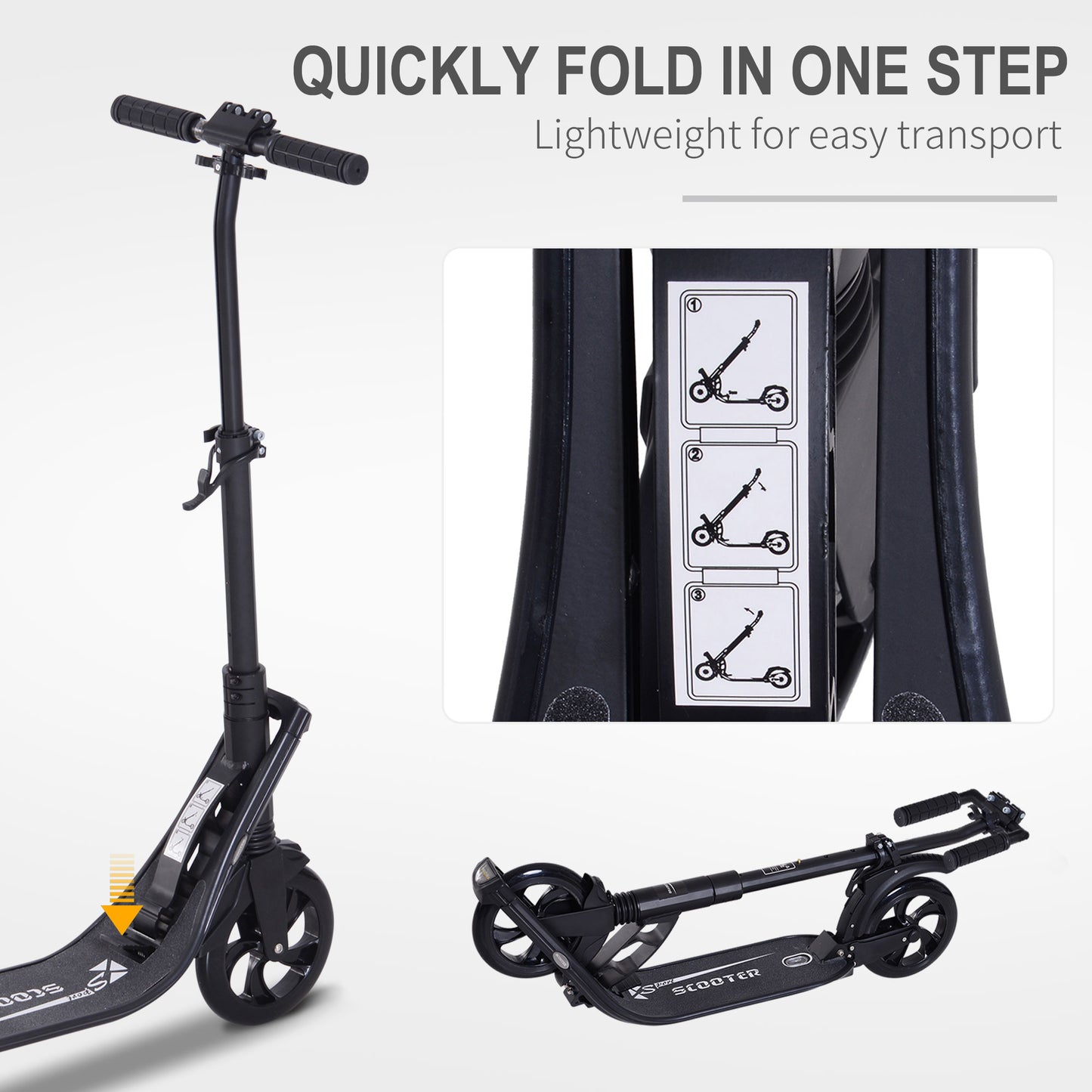 HOMCOM olding Kick Scooter Hight-Adjustable Urban Scooter w/ Rear Brake, Double Shock Absorption System & 2 Big Wheels, For 14+ Teens Adult, Black