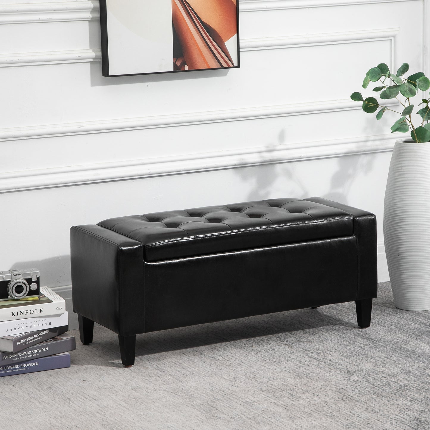 HOMCOM U Leather Storage Ottoman Bench Storage Chest Tufted Ottoman Cube w/ Flipping Top 92L x 40W x 40H cm Black