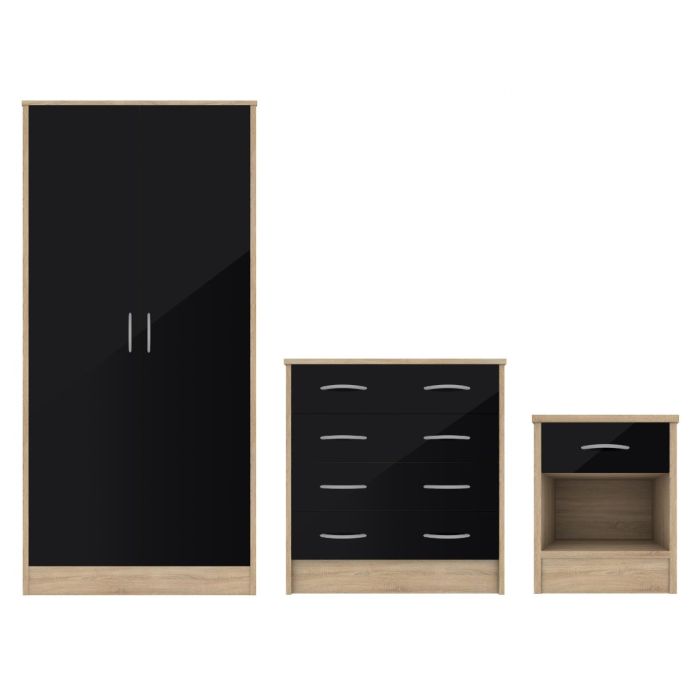 Keswick Sets of 3-Piece Bedroom Set - Wardrobe, Chest, and Bedside - Black Gloss