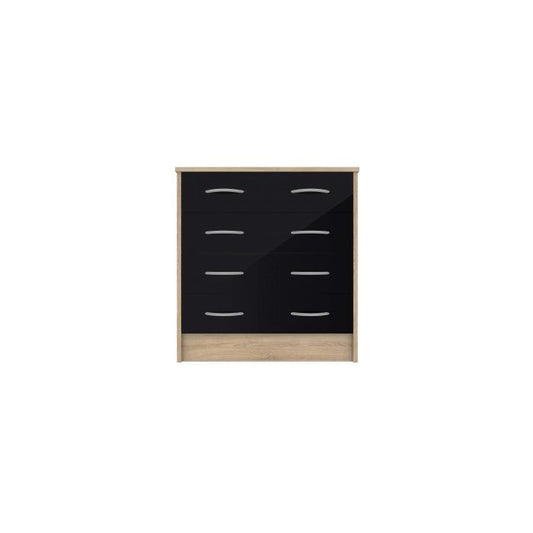 Stylish Solihull Oak Chest of 4 Drawers with Black Gloss Front & Metallic Handles - Modern Storage Solution