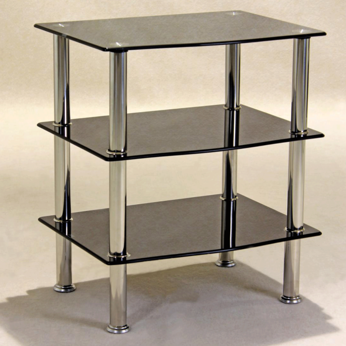 Beverley 3 Shelf TV Unit Tall Stainless Steel Stand with Black Glass Top - Nestium