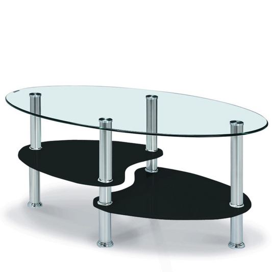 Sleek Black Oval Glass Coffee Table with Stylish Chrome Shelving - Matlock Stainless Steel Frame