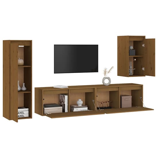 Honey Brown Solid Pinewood TV Unit with Floating Cabinets