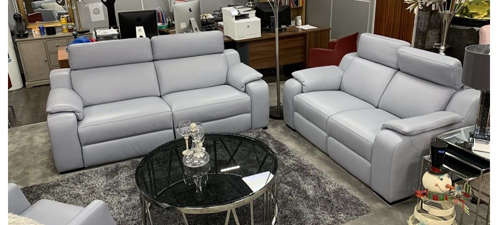 Bari Electric Recliner Sofa Set: 3-Seater with 2-Seater in Blue Semi-Aniline Leather and Adjustable Headrests