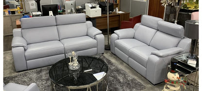 Bari Electric Recliner Sofa Set: 3-Seater with 2-Seater in Blue Semi-Aniline Leather and Adjustable Headrests