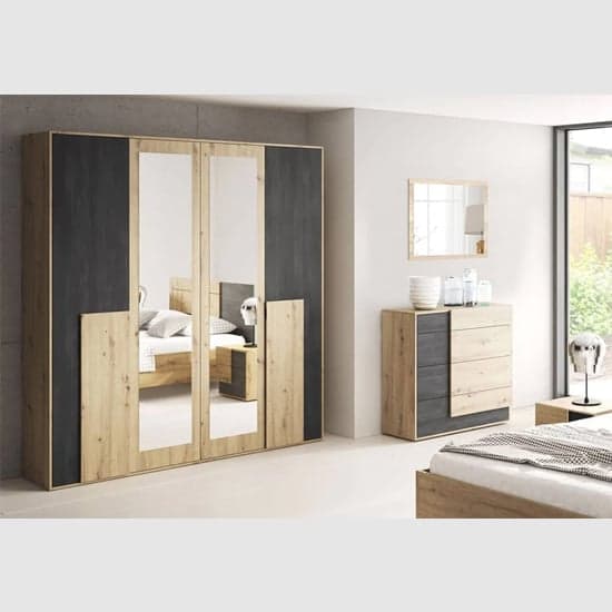 Artisan Oak 4-Door Mirrored Wardrobe with Hinged Doors - Barrie Collection