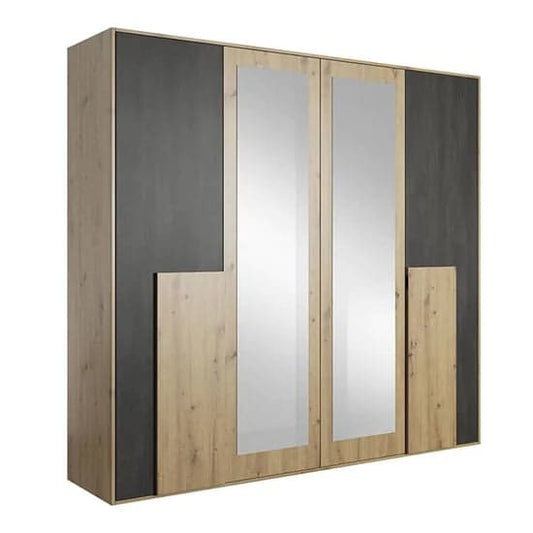 Artisan Oak 4-Door Mirrored Wardrobe with Hinged Doors - Barrie Collection