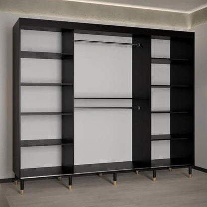 Sliding 3-Door Black Wooden Wardrobe 250cm with Shelves and Hanging Rails