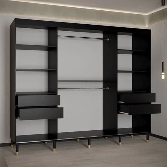 Sliding 3-Door Black Wooden Wardrobe 250cm with Shelves and Hanging Rails