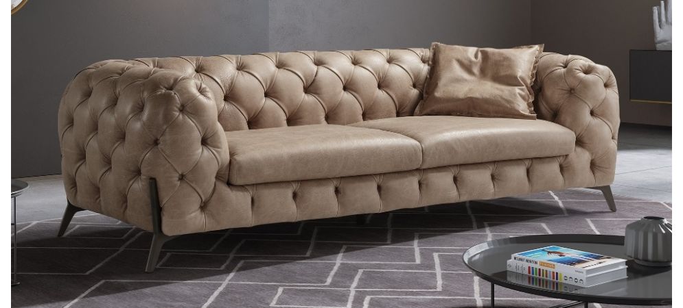 Batal Coffee Aniline Leather Chesterfield Sofa Set - 3 Seater & 2 Seater, Durable Hardwood Frame, 8 Weeks Delivery