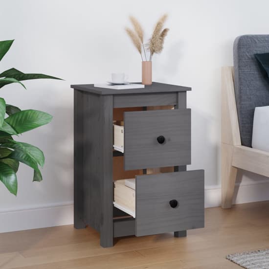 Beale Pine Wood Bedside Cabinet With 2 Drawers In Grey