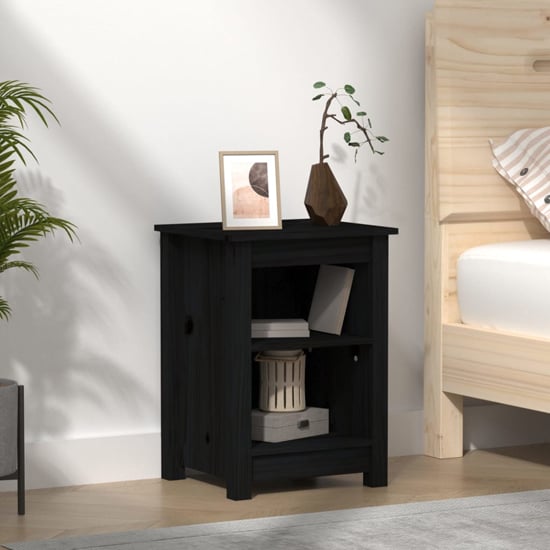 FURCO Black Pine Wood Nightstand with 2 Shelves – Stylish Bedroom Storage Solution