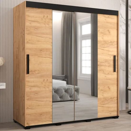 Golden Oak Mirrored Sliding Wardrobe | Sliding | Golden Oak | Mirror and Shelves | 2 Doors | 180cm