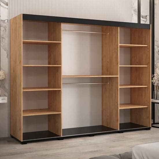 Beilla I Mirrored Wardrobe Sliding 3 Doors 250cm In Golden Oak